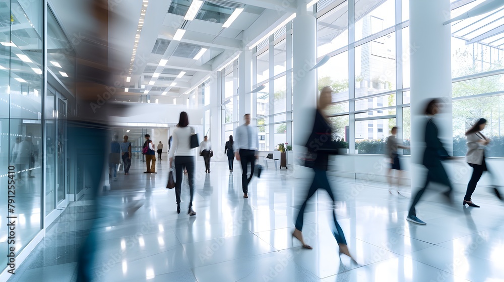 Busy businesspeople in blur motion past walking each other in a modern office building interior