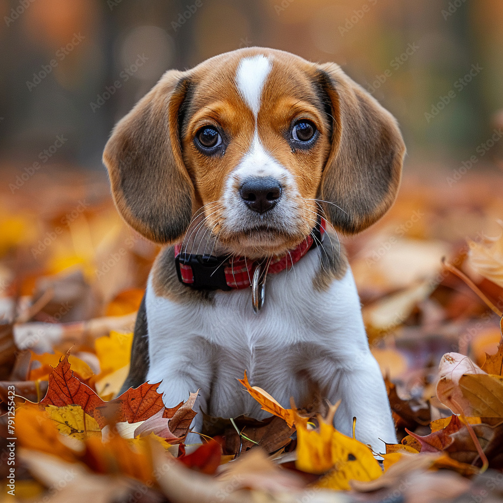 Beagle puppy among colorful autumn leaves, soft focus, eye level Beagle puppy among colorful autumn leaves, soft focus, eye level