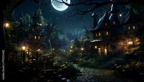Halloween night scene with haunted house and full moon, 3d illustration © Iman