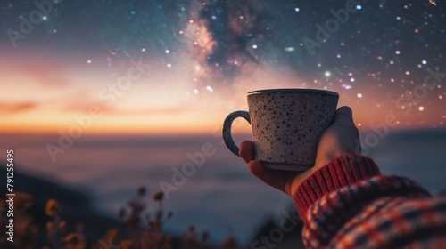 A hand holding a hot mug of tea or cocoa while admiring the vast expanse of stars ling above in the crisp night air. 2d flat cartoon. photo
