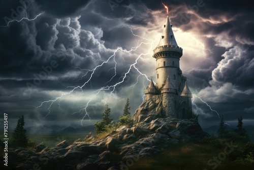 Stormy Wizard Tower: A wizard's tower with lightning crackling around it.