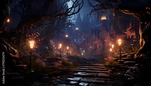 Fairy tale scene with a path leading to the temple at night
