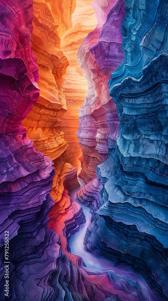 Majestic canyon with walls of layered colors and a river of liquid light at the bottom
