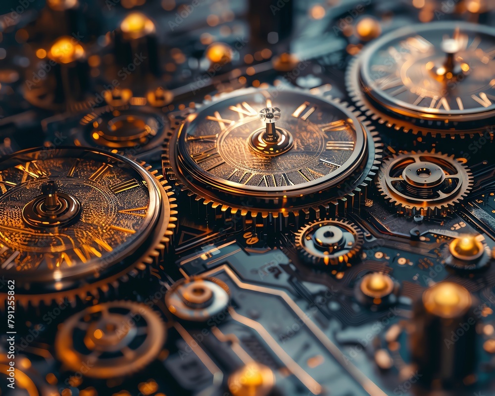 Steampunk representation of the stock market, with gears and clocks driving financial time