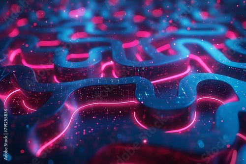 Neon maze of stock market paths, challenging the investor to find the way to success