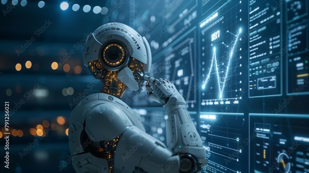 Robot Interacting with Futuristic Control Panel. Robotic arm touching a futuristic control panel, with complex data analytics displayed on a digital screen. Robot Interacting with Futuristic Control Panel. Robotic arm touching a futuristic control panel, with complex data analytics displayed on a digital screen.