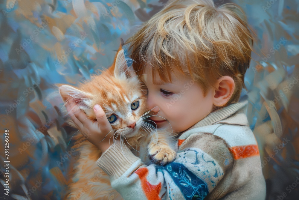 A child is playing with a kitten A child is playing with a kitten