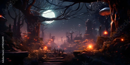 Fantasy landscape with a full moon in a dark forest. 3d rendering