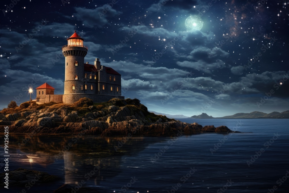 Lighthouse of Stars: A castle with a lighthouse projecting starlight.