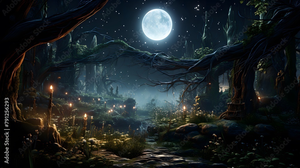 Fantasy landscape with a full moon in the forest. 3d rendering
