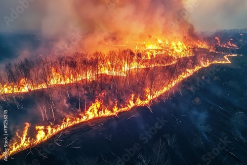 Wildforest fire burning forest trees eecological disaster smoke aerial view from helicopter danger death animals damage hazard blaze pollution tragedy photo