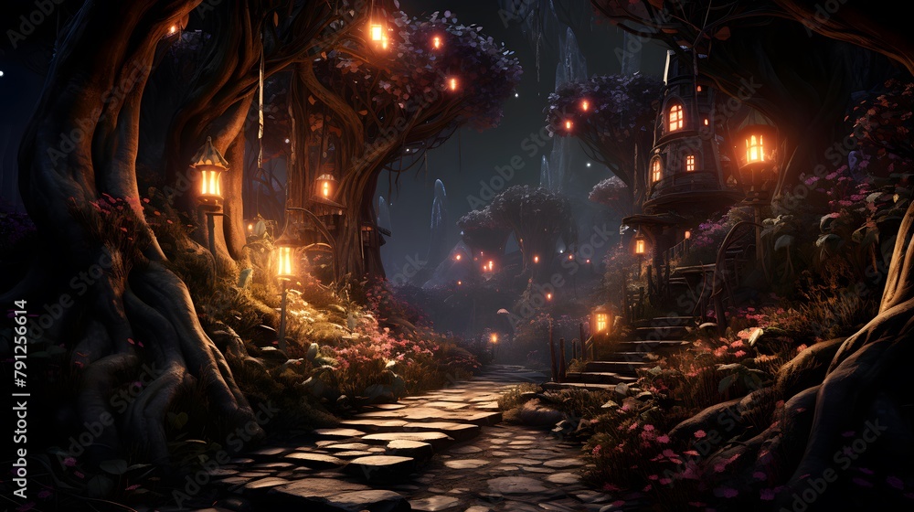 Fantasy dark forest with trees and lanterns. 3d illustration