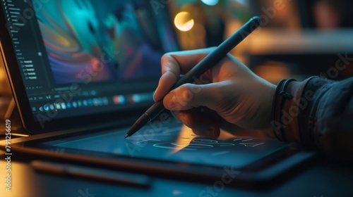 Graphic Designer Working on a Digital Tablet. Graphic designer skillfully using a stylus to draw on a digital tablet, showcasing creative design work in progress. photo