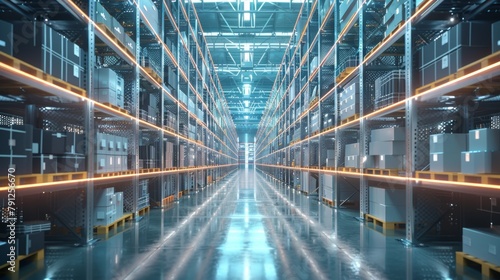 Modern Automated Distribution Center with Reflective Flooring and Organized Shelves