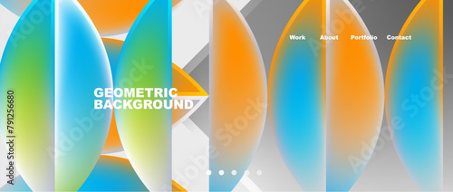 Vibrant geometric art with circles and triangles on an electric blue background. The colorful design resembles liquid flowing in a sea of azure