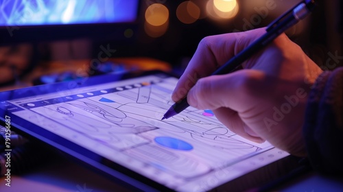 Designer Crafting Illustration on Graphic Tablet. Close-up of a designer's hand sketching a detailed illustration on a graphic tablet with a stylus, under warm ambient lighting. photo