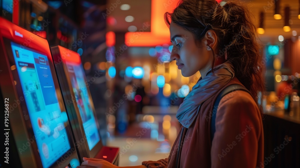 Young Woman Using Interactive Digital Kiosk. Young woman interacts with an innovative digital kiosk in a modern public space, highlighting technology in everyday life.