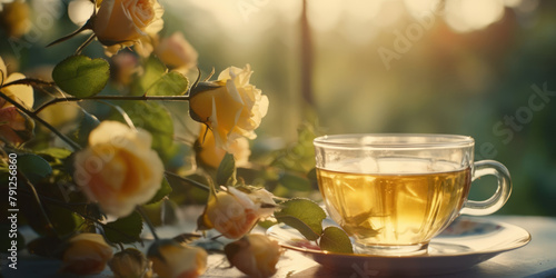 Tea and roses. Cup of tea on a table in summer garden outdoor. Herbal Tea and yellow rose flowers