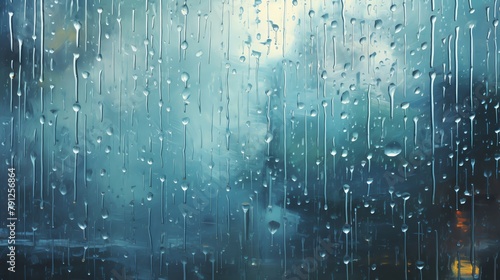 An artistic representation of rhythmic rain falling on a windowpane with a focus on the pattern and tempo of the raindrops creating a soothing and meditative visual and auditory experience