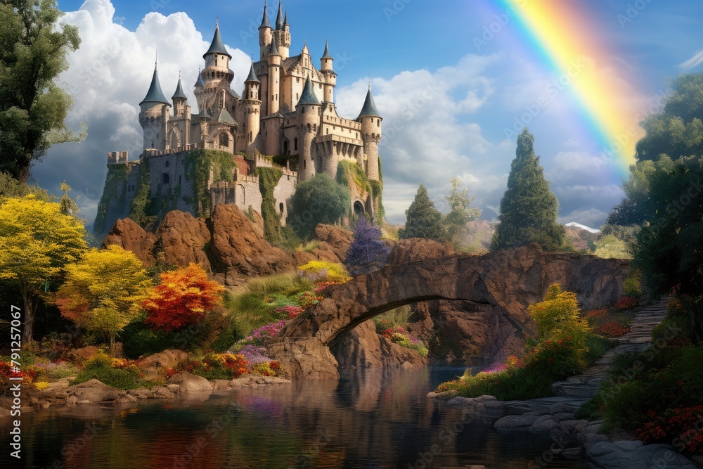 Rainbow Waterfall: A waterfall with colors of the rainbow flowing near the castle.