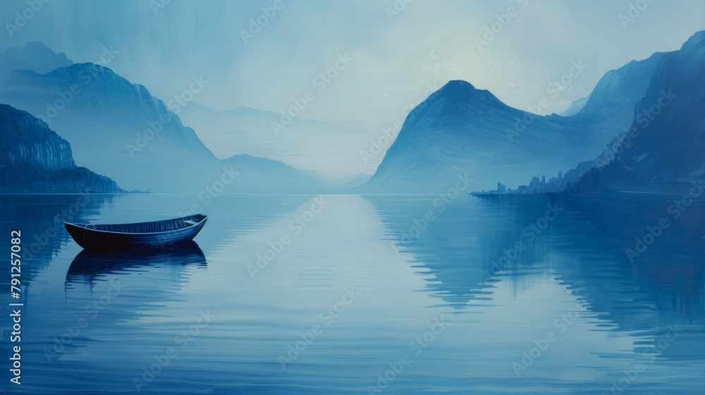 Calm waters and a solitary boat against the layered mountain backdrop evoke tranquility