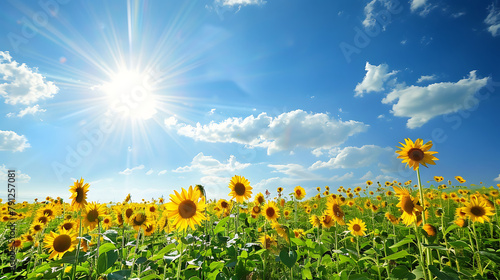 picture of sun flower field with blue sky background