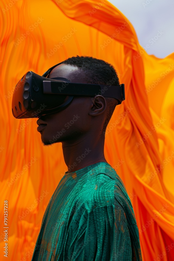 African Man in VR Headset Against Surreal Orange Fabric Background African Man in VR Headset Against Surreal Orange Fabric Background
