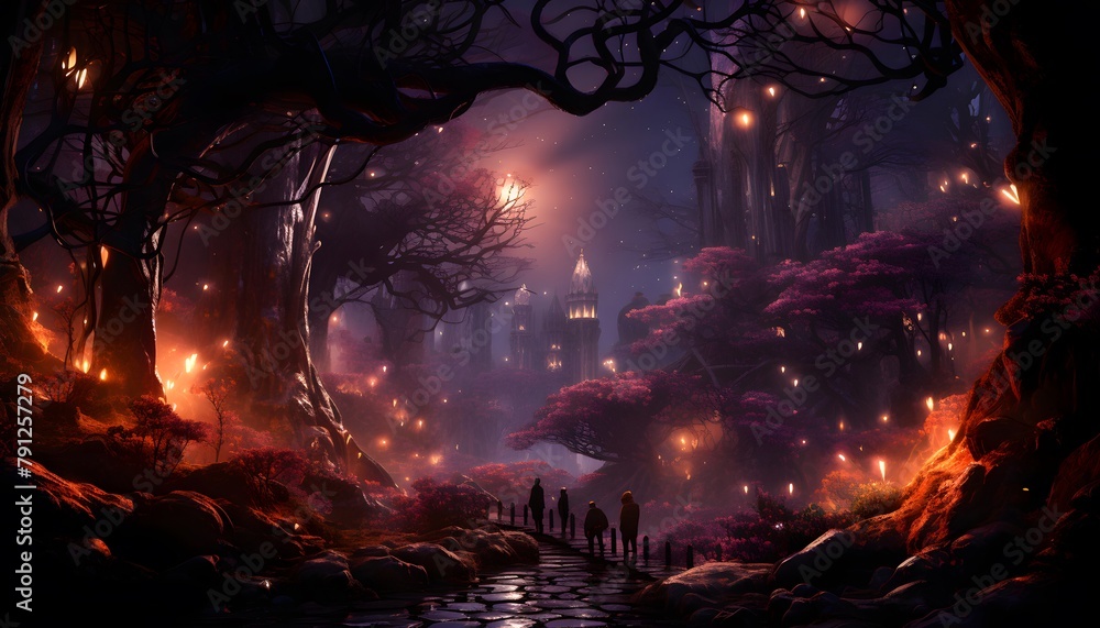 Fantasy landscape with trees and city at night. 3d illustration