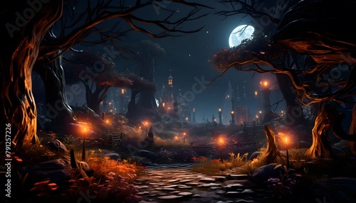 Fantasy landscape of a dark forest at night with a full moon