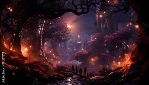 Fantasy landscape with trees and city at night. 3d illustration