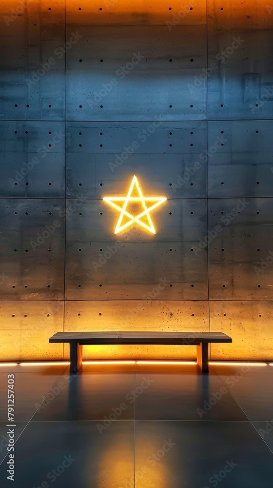 Naklejka premium Contemplative Solace: Illuminated Star of David & Bench in Holocaust Museum