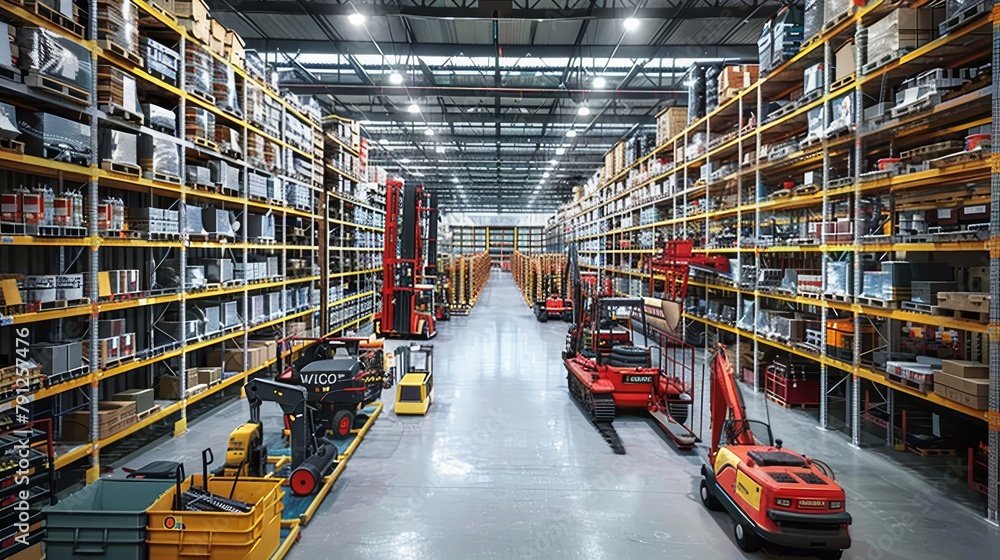 Efficiently organized industrial warehouse with shelves stocked with diverse products