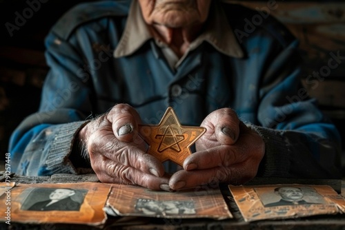 Elderly Hands Clutching Star of David Amidst Memorial for Yom HaShoah photo