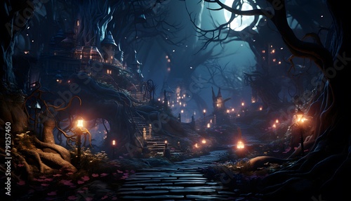 Horror halloween background with spooky dark forest. 3d rendering