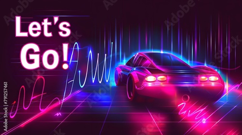 An illustration of a car with written Let's Go over it with a big space for text or product advertisement backdrop with vibrant neon light background, Generative AI. photo