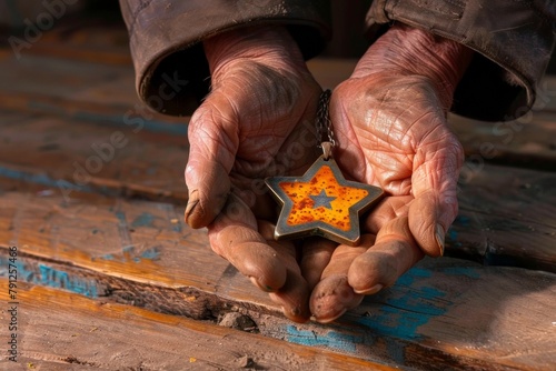 Solemn Yom HaShoah Tribute - Elderly Hands Clutching a Star of David Amidst Faded Memories photo