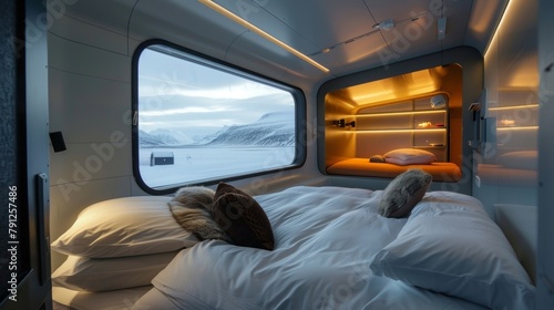 Revel in the tranquility of the Arctic landscape as you drift off to sleep in your pod with panoramic views of the Northern Lights. 2d flat cartoon.