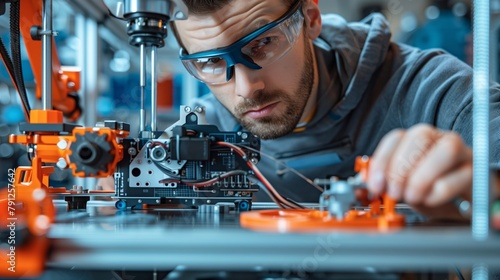 Engineer Calibrating Robotic Assembly Line Machine. Focused engineer in protective glasses is calibrating a complex robotic machine on the assembly line in an industrial environment.