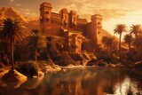 Golden Desert Oasis: A castle near a lush oasis in the midst of a golden desert.