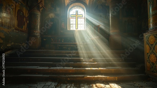 Sacred Sunbeams on Feast of the Exaltation of the Holy Cross in an Ancient Eastern Orthodox Monastery photo