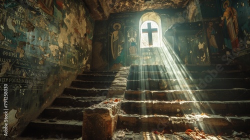 Sunlight Illuminating Ancient Church Interior During Feast of the Exaltation of the Holy Cross