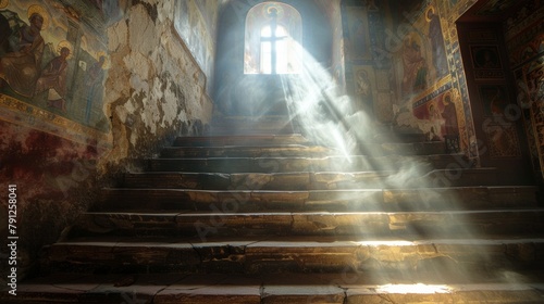 Sunlit Staircase to Sanctuary: Holy Cross Celebration in Ancient Eastern Orthodox Monastery photo