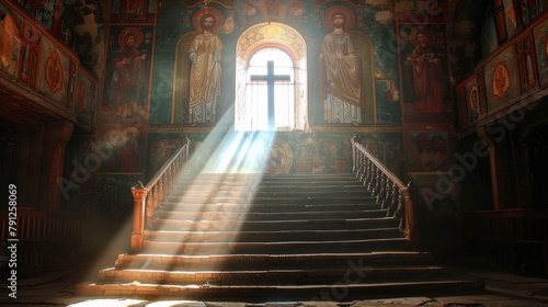 Orthodox Easter Serenity: Illuminated Cross in Slavic Church at Dawn photo
