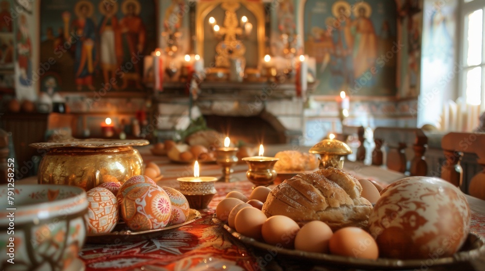 Elegant Orthodox Easter Celebration with Traditional Foods Amidst Festive Home Décor