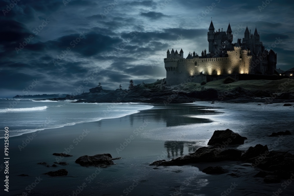 Moonlit Beach: A castle by the shore with waves reflecting the moonlight.