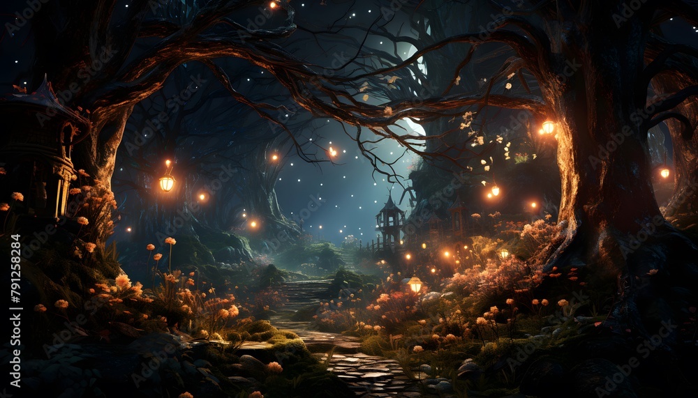 3D Illustration of a Fantasy Landscape with Trees and Lights