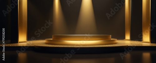 empty glowing golden podium for product presentation, podium for new product, promotion, and advertising