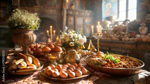 Orthodox Easter Celebration: Festive Home Interior with Traditional Food and Decorations photo