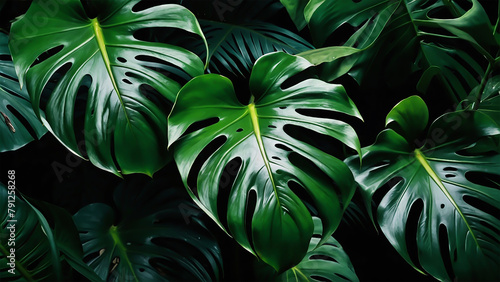 Summer tropical leaves on black background . ai generative