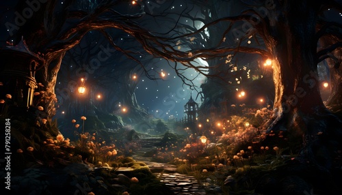 3D Illustration of a Fantasy Landscape with Trees and Lights © Iman